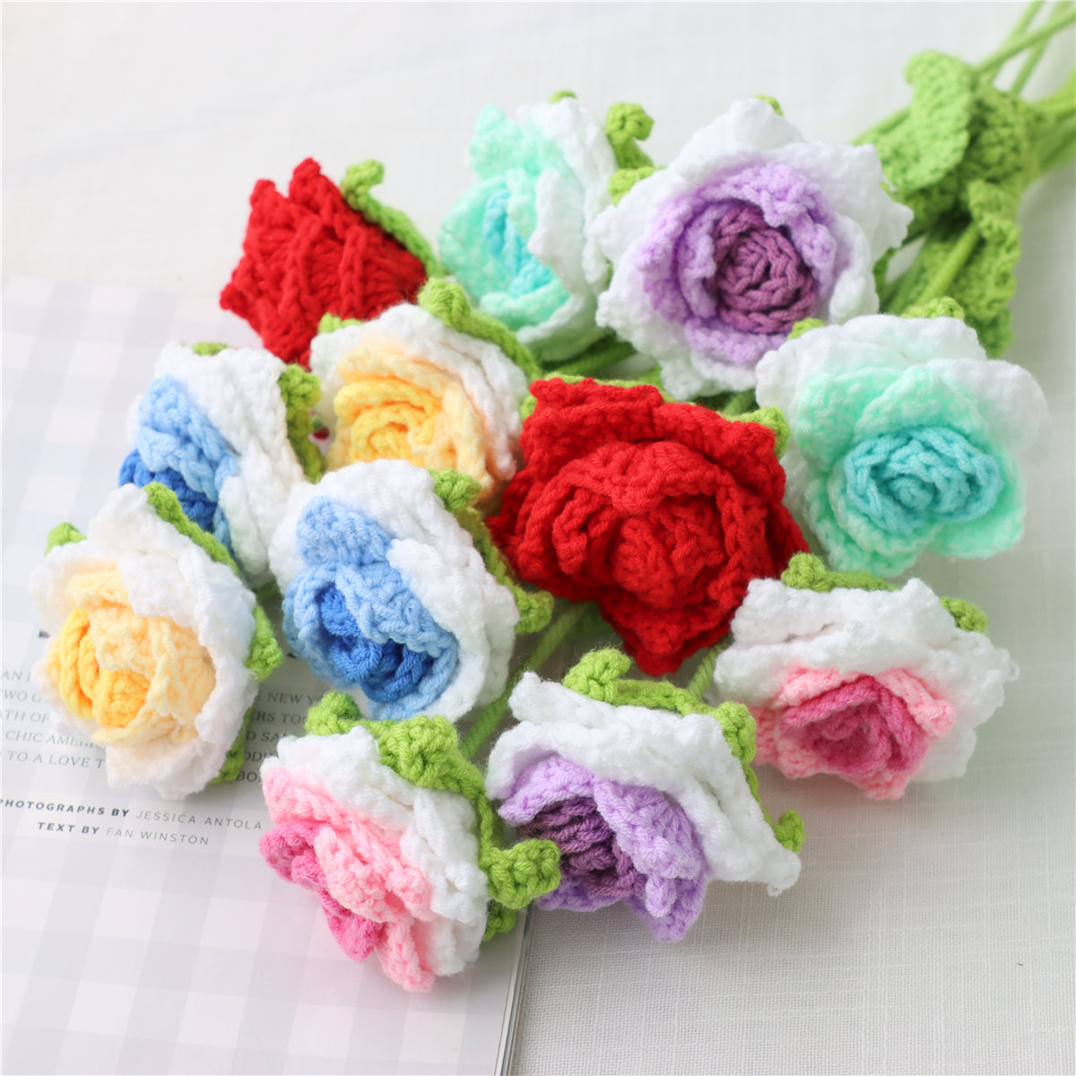 12 pcs Colorful Crochet Pointed-Petal Roses(MAX06)